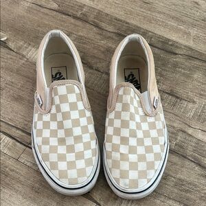 Vans Beige and White Checkered Slip-Ons